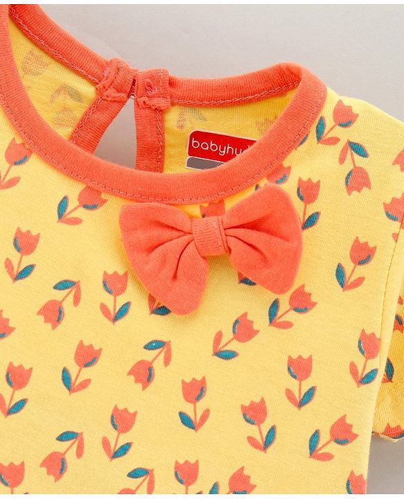 Babyhug 100% Cotton Knit Short Sleeves Frock Floral Print - Yellow