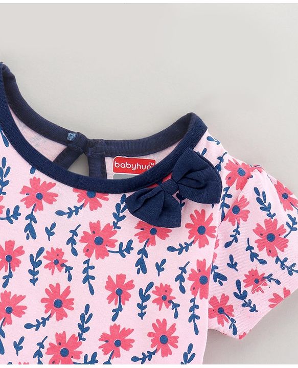 Babyhug 100% Cotton Knit Short Sleeves Frock Floral Print - Pink