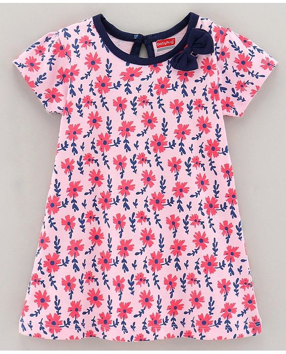 Babyhug 100% Cotton Knit Short Sleeves Frock Floral Print - Pink