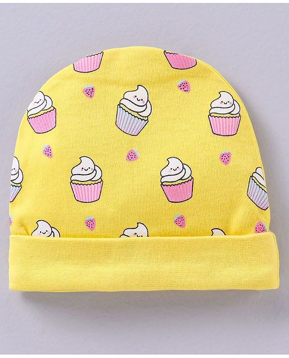 Babyhug 100% Cotton Cap Mittens & Booties Set Cupcakes Print Yellow - Circumference 33 cm