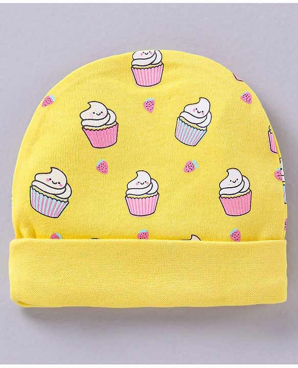Babyhug 100% Cotton Cap Mittens & Booties Set Cupcakes Print Yellow - Circumference 33 cm