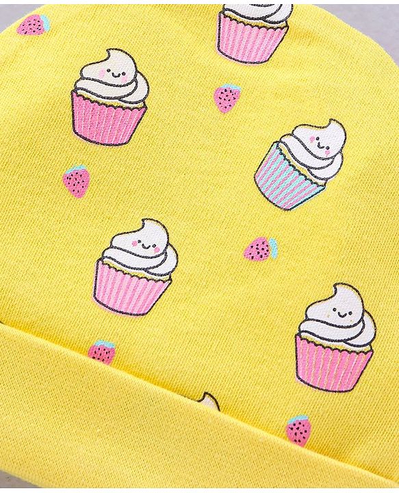 Babyhug 100% Cotton Cap Mittens & Booties Set Cupcakes Print Yellow - Circumference 33 cm