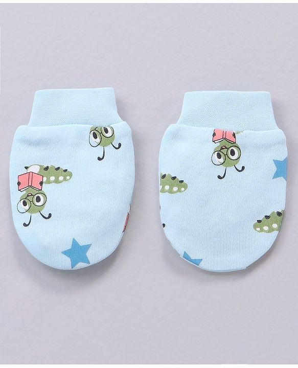 Babyhug 100% Cotton Mittens and Booties Caterpillar Print - Blue