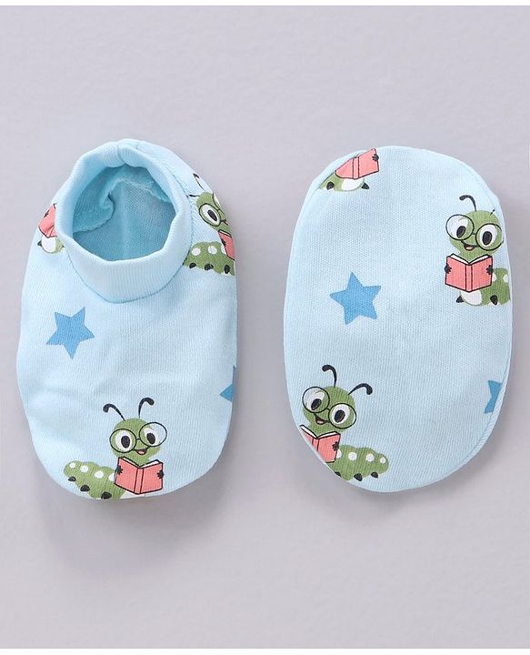 Babyhug 100% Cotton Mittens and Booties Caterpillar Print - Blue