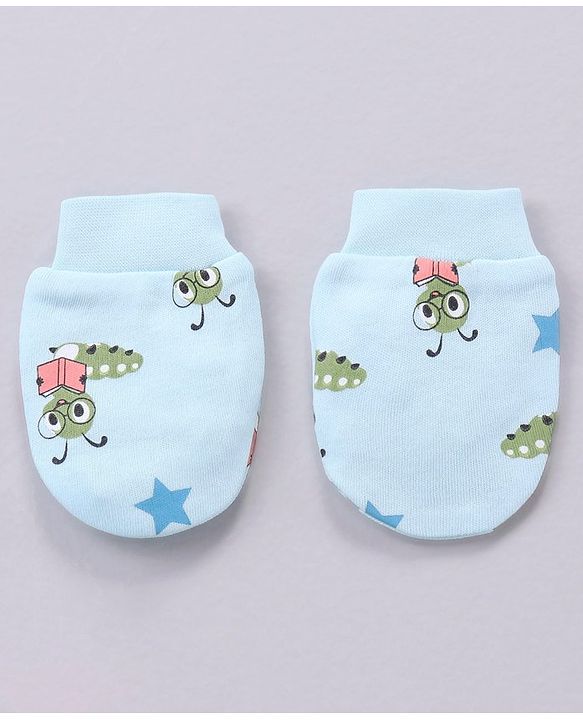 Babyhug 100% Cotton Mittens and Booties Caterpillar Print - Blue
