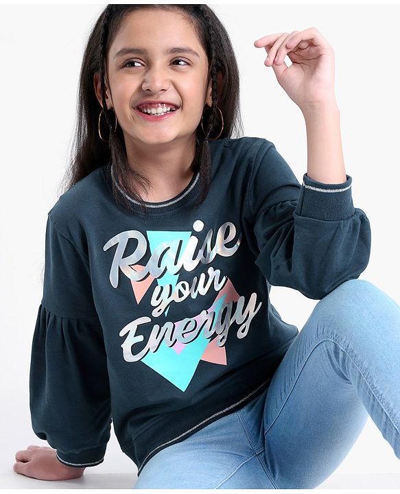 Pine Kids Cotton Knit Full Sleeves Bio Washed Sweatshirt Text Print - Navy