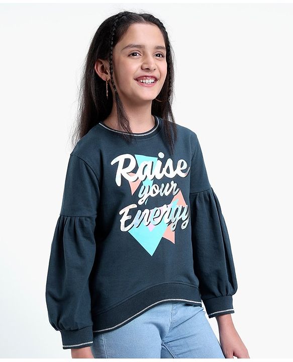 Pine Kids Cotton Knit Full Sleeves Bio Washed Sweatshirt Text Print - Navy