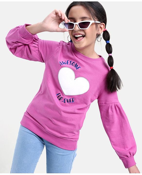Pine Kids Full Sleeves Biowashed Cotton Sweatshirt Heart & Text Print- Pink