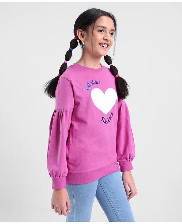 Pine Kids Full Sleeves Biowashed Cotton Sweatshirt Heart & Text Print- Pink