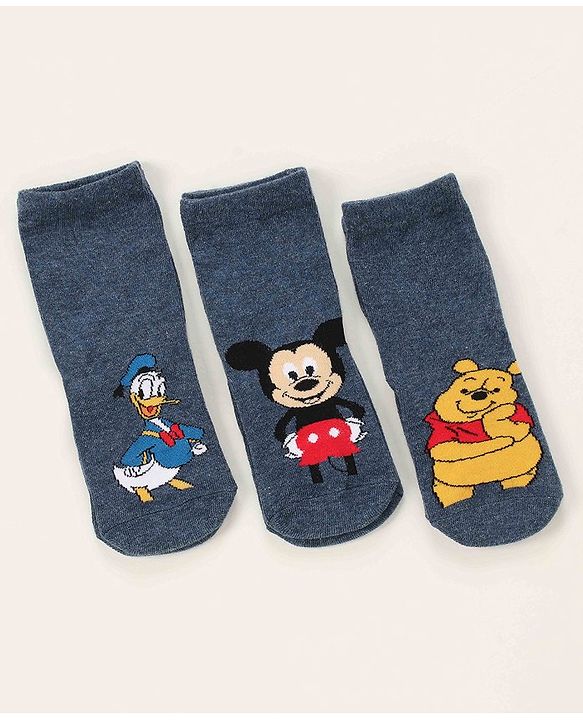Cute Walk by Babyhug Ankle Length Antibacterial Socks Donald Duck Mickey Mouse Pooh Design Pack Of 3 - Multicolor