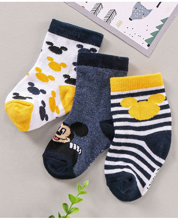 Cute Walk by Babyhug Ankle Length Antibacterial Socks Mickey Mouse & Stripes Design Pack Of 3 - Multicolor