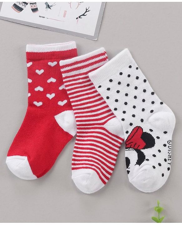Cute Walk by Babyhug Ankle Length Antibacterial Socks Minnie Mouse & Stripes Design Pack Of 3 - Multicolor
