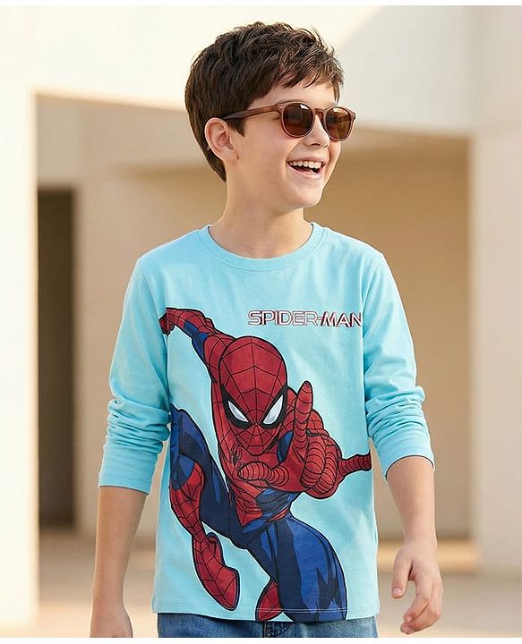 Pine Kids Biowashed Spider Man Collection Full Sleeves Tee - Sky Blue