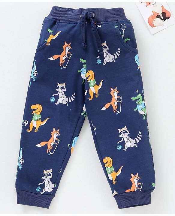 Babyhug Cotton Lounge Pant With Ribbed Waist Animal Print - Navy