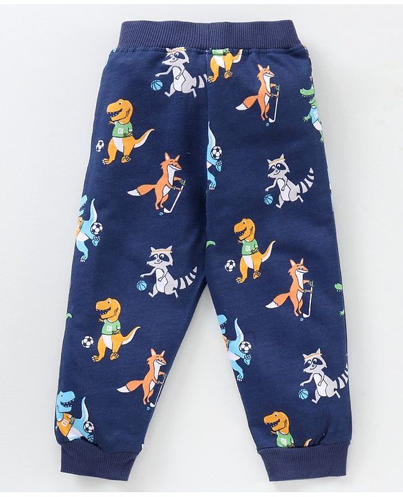 Babyhug Cotton Lounge Pant With Ribbed Waist Animal Print - Navy