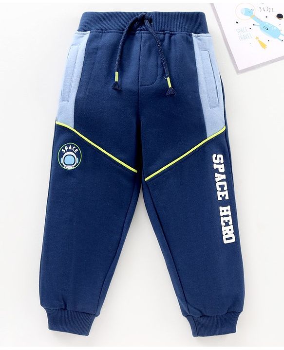 Babyhug Cotton Knit Full Length Text Printed Lounge Pant - Blue