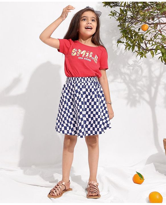 Pine Kids Check Skirt Knee Length Biowash - White Blue