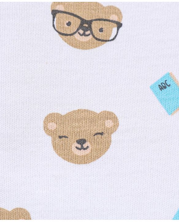 Babyhug 100% Cotton Knit Full Sleeves Romper Bear Print - White Blue