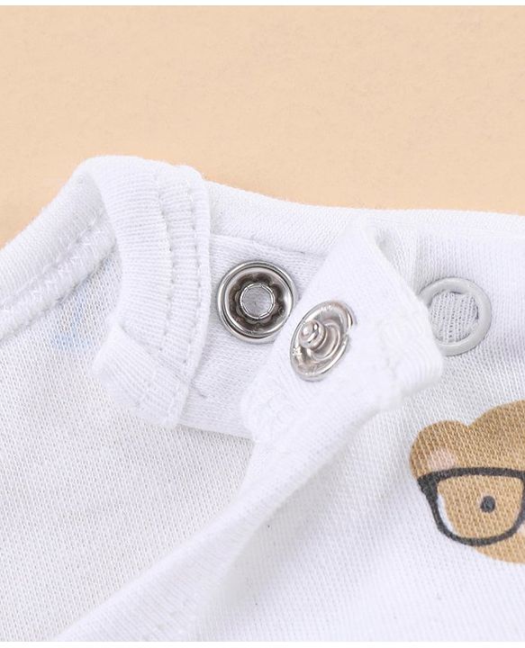 Babyhug 100% Cotton Knit Full Sleeves Romper Bear Print - White Blue
