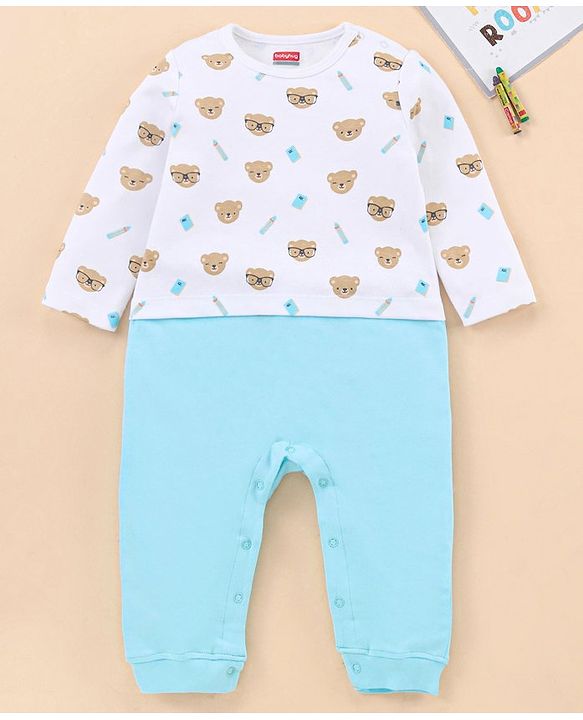 Babyhug 100% Cotton Knit Full Sleeves Romper Bear Print - White Blue