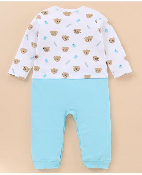 Babyhug 100% Cotton Knit Full Sleeves Romper Bear Print - White Blue
