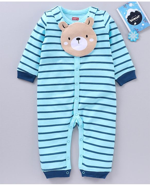 Babyhug 100% Cotton Full Sleeves Romper Bear Print - Blue