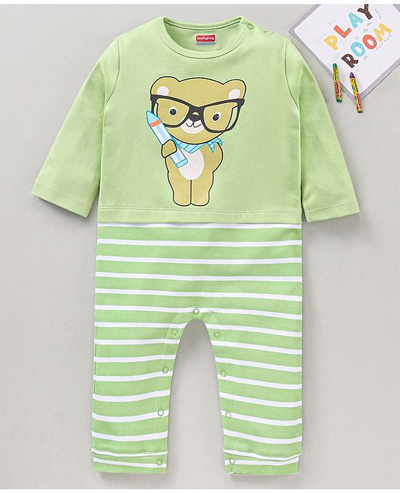 Babyhug 100% Cotton Full Sleeves Romper Bear Print - Green