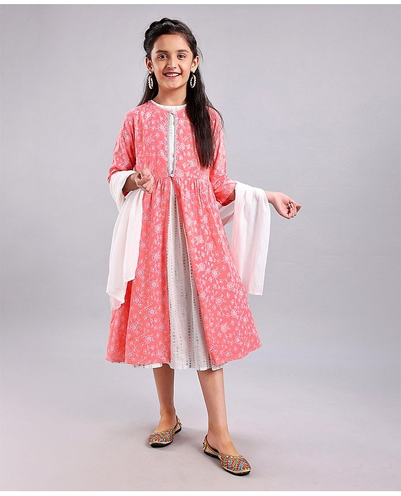 Pine Kids Full Sleeves A Line Ethnic Dress with Dupatta Floral Print - Coral