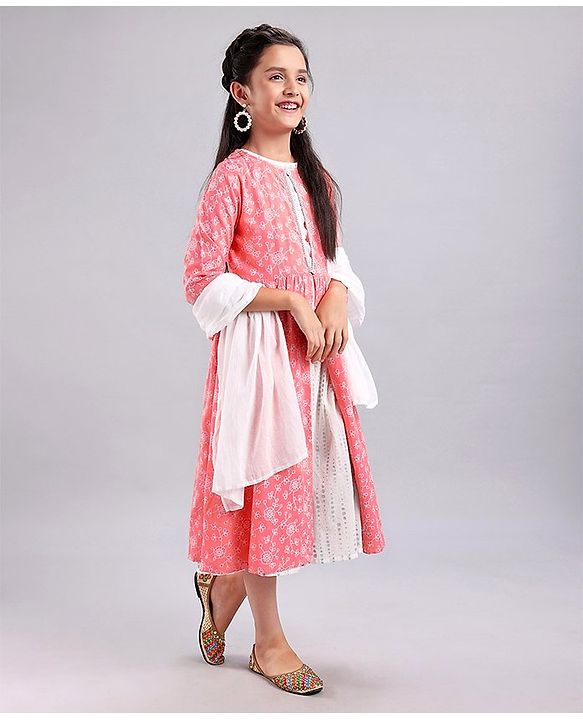 Pine Kids Full Sleeves A Line Ethnic Dress with Dupatta Floral Print - Coral