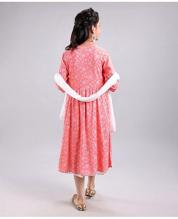 Pine Kids Full Sleeves A Line Ethnic Dress with Dupatta Floral Print - Coral
