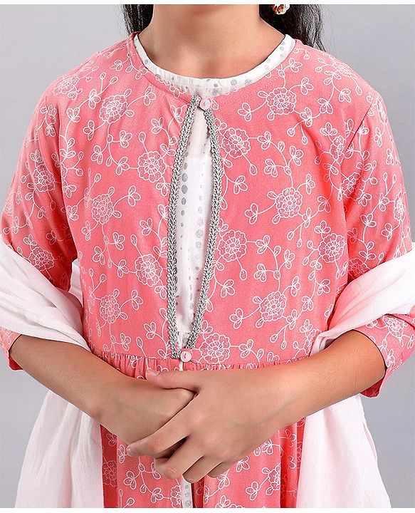Pine Kids Full Sleeves A Line Ethnic Dress with Dupatta Floral Print - Coral