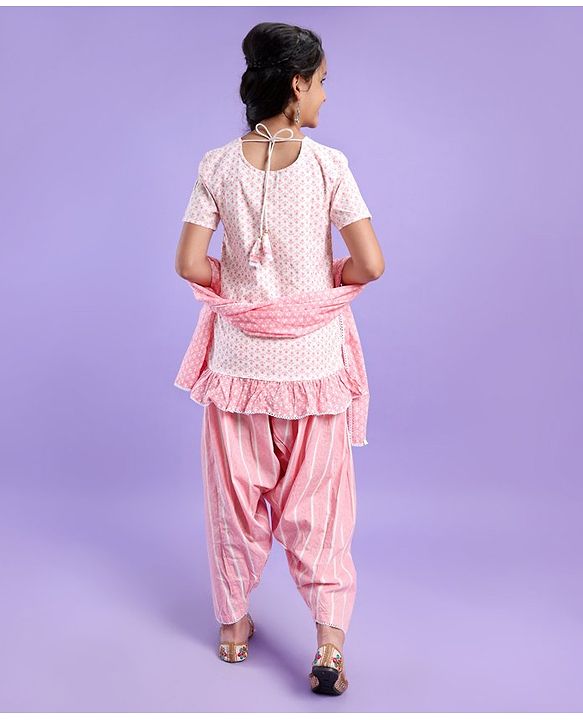 Pine Kids Half Sleeves Kurti And Churidar Set with Jaipuri Print - Pink
