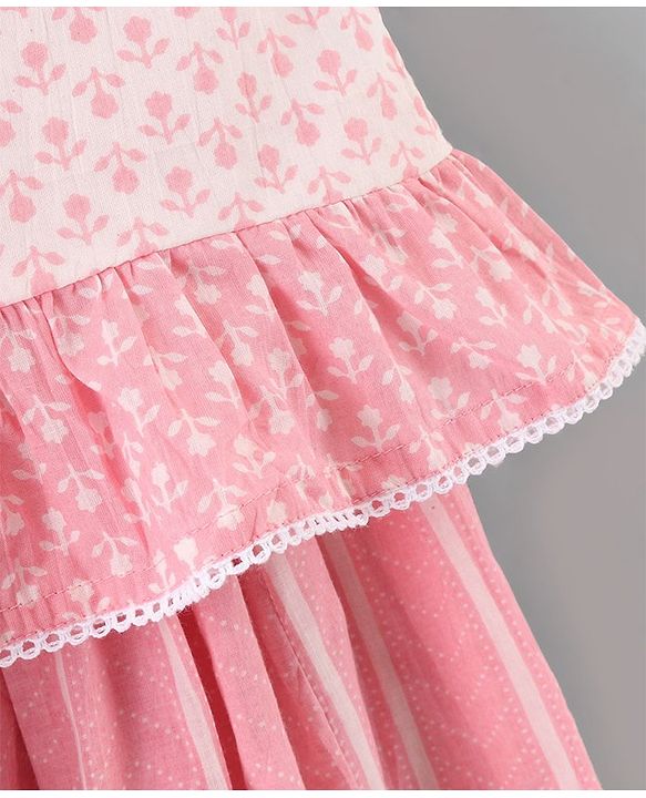 Pine Kids Half Sleeves Kurti And Churidar Set with Jaipuri Print - Pink