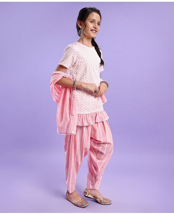 Pine Kids Half Sleeves Kurti And Churidar Set with Jaipuri Print - Pink