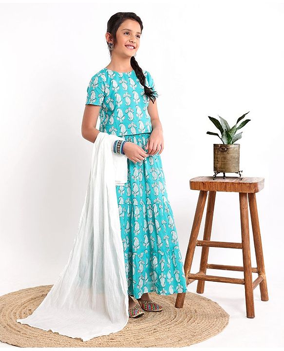 Pine Kids Printed Half Sleeves Choli & Lehenga Set With Dupatta- Turqouise