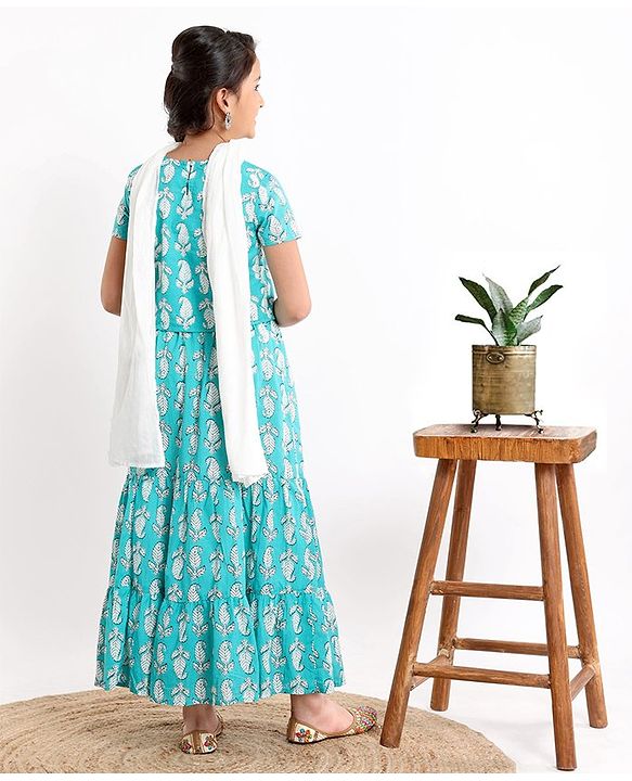 Pine Kids Printed Half Sleeves Choli & Lehenga Set With Dupatta- Turqouise