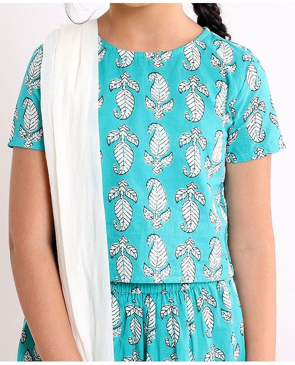 Pine Kids Printed Half Sleeves Choli & Lehenga Set With Dupatta- Turqouise