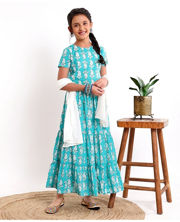 Pine Kids Printed Half Sleeves Choli & Lehenga Set With Dupatta- Turqouise