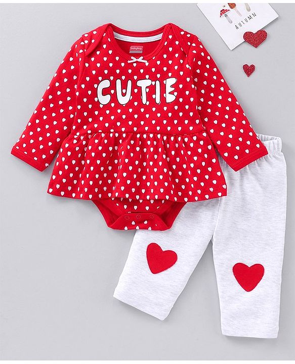 Babyhug Full Sleeves Cotton Knit Frock Style Onesie with Leggings Heart Print - Red and Grey