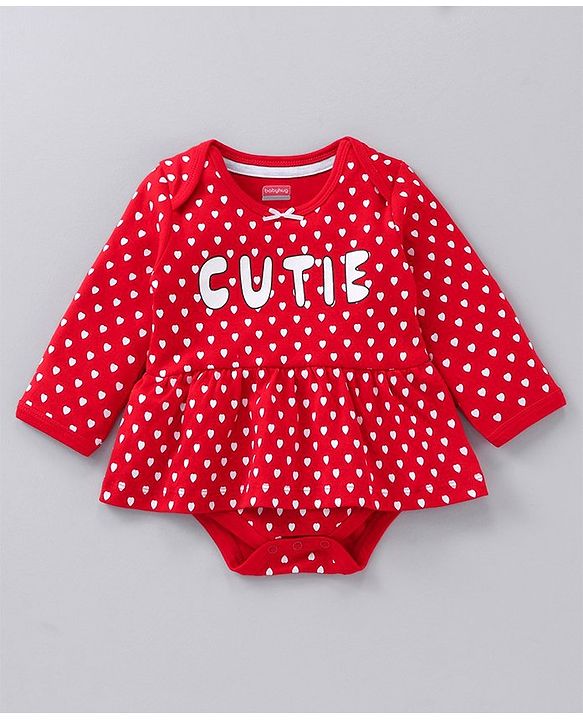 Babyhug Full Sleeves Cotton Knit Frock Style Onesie with Leggings Heart Print - Red and Grey