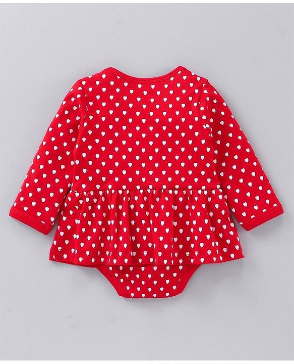 Babyhug Full Sleeves Cotton Knit Frock Style Onesie with Leggings Heart Print - Red and Grey