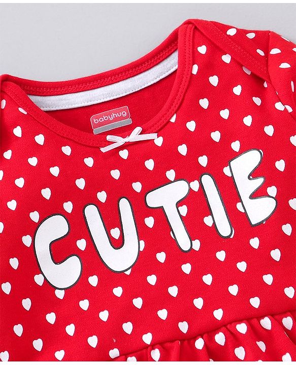 Babyhug Full Sleeves Cotton Knit Frock Style Onesie with Leggings Heart Print - Red and Grey