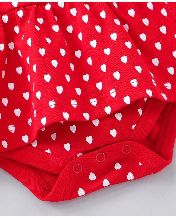 Babyhug Full Sleeves Cotton Knit Frock Style Onesie with Leggings Heart Print - Red and Grey