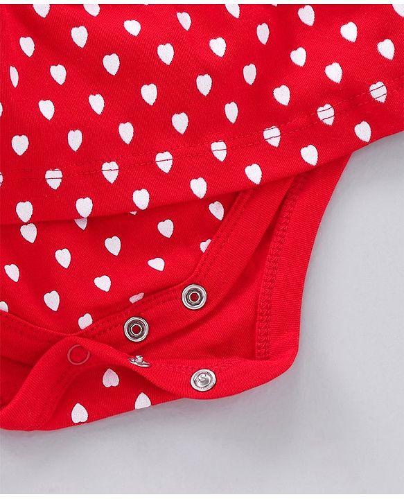 Babyhug Full Sleeves Cotton Knit Frock Style Onesie with Leggings Heart Print - Red and Grey