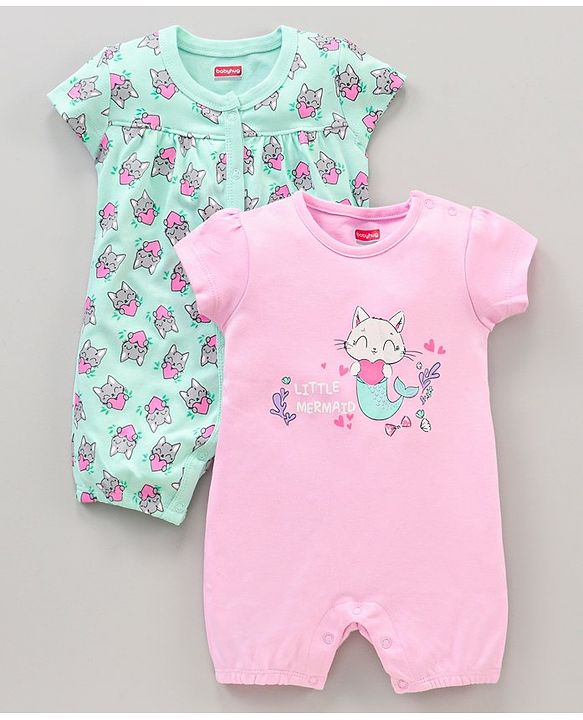 Babyhug 100% Cotton Half Sleeves Romper Kitty Print Pack of 2 - Light Blue Pink