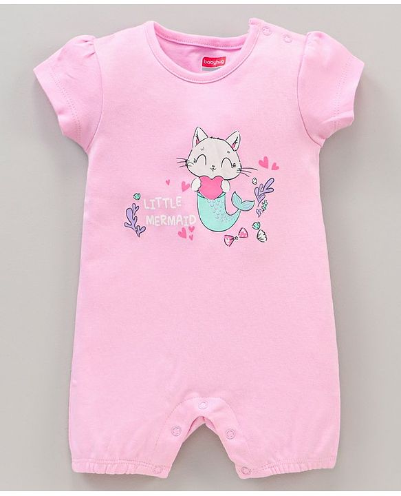 Babyhug 100% Cotton Half Sleeves Romper Kitty Print Pack of 2 - Light Blue Pink