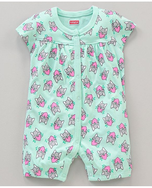Babyhug 100% Cotton Half Sleeves Romper Kitty Print Pack of 2 - Light Blue Pink