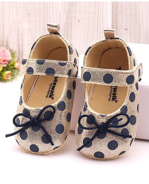 Cute Walk by Babyhug Party Booties with Velcro Closure Polka Dot with Bow - Golden
