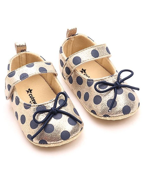 Cute Walk by Babyhug Party Booties with Velcro Closure Polka Dot with Bow - Golden