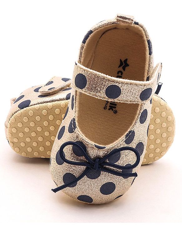 Cute Walk by Babyhug Party Booties with Velcro Closure Polka Dot with Bow - Golden